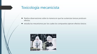 Toxicología mecanicista
 Realiza observaciones sobre la manera en que las sustancias toxicas producen
efectos.
 estudia los mecanismos por los cuales los compuestos ejercen efectos tóxicos
 