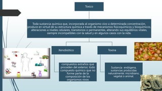 Toxico
Toda sustancia química que, incorporada al organismo vivo a determinada concentración,
produce en virtud de su estructura química a través de mecanismos fisicoquímicos y bioquímicos,
alteraciones a niveles celulares, transitorios o permanentes, alterando sus equilibrios vitales,
siempre incompatibles con la salud y en algunos casos con la vida.
Xenobiótico
compuestos extraños que
proceden del exterior, todo
compuesto químico que no
forme parte de la
composición de los
organismos vivos
Toxina
Sustancia endógena,
sustancias producidas
naturalmente: microbiano,
vegetal o animal.
 