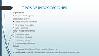 TIPOS DE INTOXICACIONES
Magnitud daño
 leves, moderadas, graves.
Características aparición
 Efecto inmediato - retardado
 Reversibles – Irreversibles
 Local – sistémica
Tiempo de aparición síntomas
 Intoxicación aguda
 Intoxicación subaguda
 Intoxicación crónica
 Intoxicaciones recidivantes
Etiología
 Voluntarias: Homicidios, suicidios, toxicofilias, dopaje, etc.
 Accidentales: ambientales, profesionales, medicamentosas, alimentarias, domésticas, etc.
 