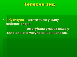 Телесни зид

 1.Кутикула – штити тело у виду
дебелог слоја,
- омогућава улазак воде у
тело али онемогућава њен излазак.

 