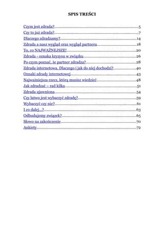 SPIS TREŚCI

Czym jest zdrada?................................................................................5
Czy to już zdrada?................................................................................7
Dlaczego zdradzamy?.........................................................................14
Zdrada a nasz wygląd oraz wygląd partnera......................................18
To, co NAJWAŻNEJSZE!..................................................................20
Zdrada - oznaka kryzysu w związku..................................................26
Po czym poznać, że partner zdradza?................................................28
Zdrada internetowa. Dlaczego i jak do niej dochodzi?.....................40
Oznaki zdrady internetowej..............................................................43
Najważniejsza rzecz, którą musisz wiedzieć.....................................48
Jak zdradzać – rad kilka....................................................................51
Zdrada ujawniona..............................................................................54
Czy łatwo jest wybaczyć zdradę?.......................................................59
Wybaczyć czy nie?..............................................................................61
I co dalej...?........................................................................................63
Odbudujemy związek?.......................................................................65
Słowo na zakończenie........................................................................70
Ankiety...............................................................................................72
 