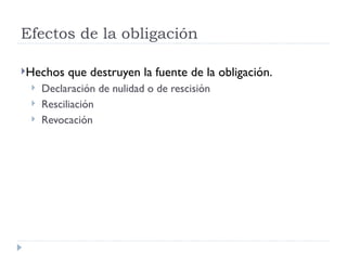 Efectos de la obligación

Hechos   que destruyen la fuente de la obligación.
    Declaración de nulidad o de rescisión
    Resciliación
    Revocación
 