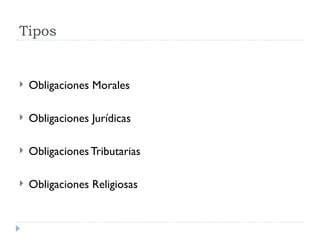 Tipos


   Obligaciones Morales

   Obligaciones Jurídicas

   Obligaciones Tributarias

   Obligaciones Religiosas
 