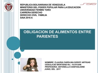 REPUBLICA BOLIVARIANA DE VENEZUELA
MINISTERIO DEL PODER POPULAR PARA LA EDUCACION
UNIVERSIDAD FERMIN TORO
CARRERA DERECHO
DERECHO CIVIL FAMILIA
SAIA 2016 A
OBLIGACION DE ALIMENTOS ENTRE
PARIENTES
NOMBRE: CLAUDIA CAROLINA GODOY ARTIGAS
CEDULA DE IDENTIDAD No.: 10.914.648
PROFESORA: ANTONELLA CIANFAGLIONE
JUNIO, DEL 2017
 