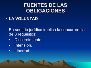 FUENTES DE LAS OBLIGACIONES LA VOLUNTAD En sentido jurídico implica la concurrencia de 3 requisitos: • Discernimiento  • Intensión. • Libertad. 