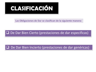 CLASIFICACIÓN
Las Obligaciones de Dar se clasifican de la siguiente manera:

 De Dar Bien Cierto (prestaciones de dar especificas)

 De Dar Bien Incierto (prestaciones de dar genéricas)

 
