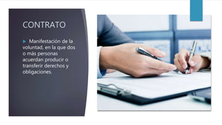 CONTRATO
 Manifestación de la
voluntad, en la que dos
o más personas
acuerdan producir o
transferir derechos y
obligaciones.
 