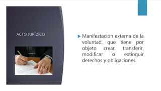 ACTO JURÍDICO
 Manifestación externa de la
voluntad, que tiene por
objeto crear, transferir,
modificar o extinguir
derechos y obligaciones.
 