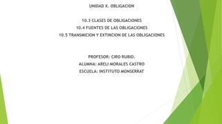 UNIDAD X. OBLIGACION
10.3 CLASES DE OBLIGACIONES
10.4 FUENTES DE LAS OBLIGACIONES
10.5 TRANSMICION Y EXTINCION DE LAS OBLIGACIONES
PROFESOR: CIRO RUBIO.
ALUMNA: ARELI MORALES CASTRO
ESCUELA: INSTITUTO MONSERRAT
 