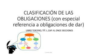 CLASIFICACIÓN DE LAS
OBLIGACIONES (con especial
referencia a obligaciones de dar)
LIBRO TERCERO, TÍT. I, CAP. III, ONCE SECCIONES
s furlotti 2016
 