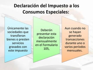 Declaración del Impuesto a los
Consumos Especiales:
Únicamente las
sociedades que
transfieran
bienes o presten
servicios
gravados con
este impuesto
Deberán
presentar esta
declaración
mensualmente
en el Formulario
105,
Aun cuando no
se hayan
generado
transacciones
durante uno o
varios períodos
mensuales.
 