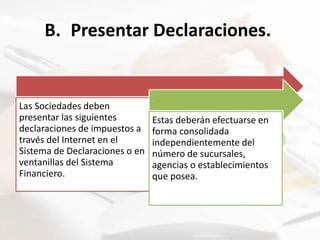 B. Presentar Declaraciones.
Las Sociedades deben
presentar las siguientes
declaraciones de impuestos a
través del Internet en el
Sistema de Declaraciones o en
ventanillas del Sistema
Financiero.
.
Estas deberán efectuarse en
forma consolidada
independientemente del
número de sucursales,
agencias o establecimientos
que posea.
 
