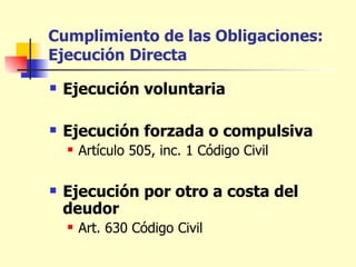 Cumplimiento de las Obligaciones:  Ejecución Directa Ejecución voluntaria   Ejecución forzada o compulsiva   Artículo 505, inc. 1 Código Civil Ejecución por otro a costa del deudor   Art. 630 Código Civil 