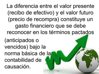 (anticipados o
vencidos) bajo la
norma básica de la
contabilidad de
causación.
La diferencia entre el valor presente
(recibo de efectivo) y el valor futuro
(precio de recompra) constituye un
gasto financiero que se debe
reconocer en los términos pactados
 