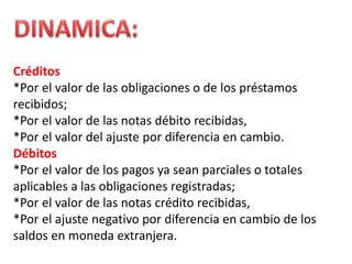 Créditos
*Por el valor de las obligaciones o de los préstamos
recibidos;
*Por el valor de las notas débito recibidas,
*Por el valor del ajuste por diferencia en cambio.
Débitos
*Por el valor de los pagos ya sean parciales o totales
aplicables a las obligaciones registradas;
*Por el valor de las notas crédito recibidas,
*Por el ajuste negativo por diferencia en cambio de los
saldos en moneda extranjera.
 