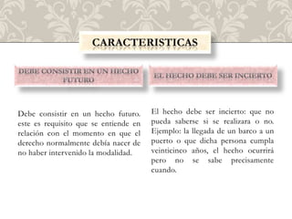 Debe consistir en un hecho futuro.     El hecho debe ser incierto: que no
este es requisito que se entiende en   pueda saberse si se realizara o no.
relación con el momento en que el      Ejemplo: la llegada de un barco a un
derecho normalmente debía nacer de     puerto o que dicha persona cumpla
no haber intervenido la modalidad.     veinticinco años, el hecho ocurrirá
                                       pero no se sabe precisamente
                                       cuando.
 