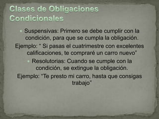  Suspensivas: Primero se debe cumplir con la
    condición, para que se cumpla la obligación.
Ejemplo: “ Si pasas el cuatrimestre con excelentes
     calificaciones, te compraré un carro nuevo”
      Resolutorias: Cuando se cumple con la
         condición, se extingue la obligación.
 Ejemplo: “Te presto mi carro, hasta que consigas
                        trabajo”
 