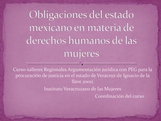 Curso-talleres Regionales Argumentación jurídica con PEG para la procuración de justicia en el estado de Veracruz de Ignacio de la llave 20011 Instituto Veracruzano de las Mujeres Coordinación del curso 