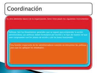 Es otro elemento básico de la organización, tiene intercalado los siguientes instrumentos:
Políticas: Son los lineamientos generales que se siguen para emprender la acción
administrativa. Las políticas deben formularse por escrito y se fijan de manera tal que
sean congruentes con los planes de acción y con las áreas funcionales.
Una función importante de los administradores consiste en interpretar las políticas
para que las apliquen los empleados.
Coordinación
 