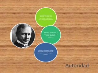 Autoridad
Puede definirse como el
derecho que tiene una
persona de exigir a otra
que cumpla ciertos deberes
H.Fayol lo define como: «
El derecho de mandar y el
poder de hacerse
obedecer».
Entonces la autoridad se trata del
derecho de mandar a actuar y de
tomar decisiones y hacer que se
cumplan.
 