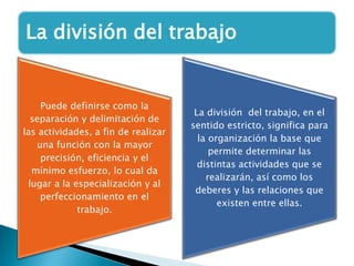 Puede definirse como la
separación y delimitación de
las actividades, a fin de realizar
una función con la mayor
precisión, eficiencia y el
mínimo esfuerzo, lo cual da
lugar a la especialización y al
perfeccionamiento en el
trabajo.
La división del trabajo, en el
sentido estricto, significa para
la organización la base que
permite determinar las
distintas actividades que se
realizarán, así como los
deberes y las relaciones que
existen entre ellas.
La división del trabajo
 