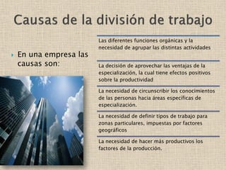  En una empresa las
causas son:
Las diferentes funciones orgánicas y la
necesidad de agrupar las distintas actividades
La decisión de aprovechar las ventajas de la
especialización, la cual tiene efectos positivos
sobre la productividad
La necesidad de circunscribir los conocimientos
de las personas hacia áreas específicas de
especialización.
La necesidad de definir tipos de trabajo para
zonas particulares, impuestas por factores
geográficos
La necesidad de hacer más productivos los
factores de la producción.
 