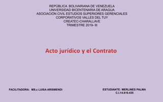 REPÚBLICA BOLIVARIANA DE VENEZUELA
UNIVERSIDAD BICENTENARIA DE ARAGUA
ASOCIACIÓN CIVIL ESTUDIOS SUPERIORES GERENCIALES
CORPORATIVOS VALLES DEL TUY
CREATEC-CHARALLAVE
TRIMESTRE 2019- III
ESTUDIANTE: MERLINES PALMA
C.I.14.610.435
FACILITADORA: MS.c LUISA ARISMENDI
 