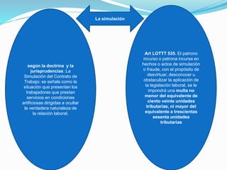 según la doctrina y la
jurisprudencias :La
Simulación del Contrato de
Trabajo: se señala como la
situación que presentan los
trabajadores que prestan
servicios en condiciones
artificiosas dirigidas a ocultar
la verdadera naturaleza de
la relación laboral.
Art LOTTT 535. El patrono
incurso o patrona incursa en
hechos o actos de simulación
o fraude, con el propósito de
desvirtuar, desconocer u
obstaculizar la aplicación de
la legislación laboral, se le
impondrá una multa no
menor del equivalente de
ciento veinte unidades
tributarias, ni mayor del
equivalente a trescientas
sesenta unidades
tributarias
La simulación
 