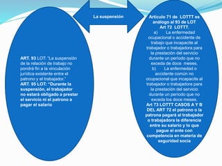 ART. 93 LOT: “La suspensión
de la relación de trabajo no
pondrá fin a la vinculación
jurídica existente entre el
patrono y el trabajador.”
ART. 95 LOT: “Durante la
suspensión, el trabajador
no estará obligado a prestar
el servicio ni el patrono a
pagar el salario
Artículo 71 de LOTTT es
análogo al 93 de LOT
Art 72 LOTTT.
a) La enfermedad
ocupacional o accidente de
trabajo que incapacite al
trabajador o trabajadora para
la prestación del servicio
durante un período que no
exceda de doce meses.
b) La enfermedad o
accidente común no
ocupacional que incapacite al
trabajador o trabajadora para
la prestación del servicio
durante un período que no
exceda los doce meses.
Art 73 LOTTT CASOS A Y B
DEL ART 72 el patrono o la
patrona pagará al trabajador
o trabajadora la diferencia
entre su salario y lo que
pague el ente con
competencia en materia de
seguridad socia
La suspensión
 