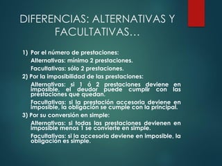 DIFERENCIAS: ALTERNATIVAS Y
FACULTATIVAS…
1) Por el número de prestaciones:
Alternativas: mínimo 2 prestaciones.
Facultativas: sólo 2 prestaciones.
2) Por la imposibilidad de las prestaciones:
Alternativas: si 1 ó 2 prestaciones deviene en
imposible, el deudor puede cumplir con las
prestaciones que quedan.
Facultativas: si la prestación accesoria deviene en
imposible, la obligación se cumple con la principal.
3) Por su conversión en simple:
Alternativas: si todas las prestaciones devienen en
imposible menos 1 se convierte en simple.
Facultativas: si la accesoria deviene en imposible, la
obligación es simple.
 