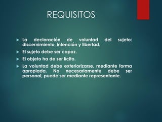 REQUISITOS
 La declaración de voluntad del sujeto:
discernimiento, intención y libertad.
 El sujeto debe ser capaz.
 El objeto ha de ser lícito.
 La voluntad debe exteriorizarse, mediante forma
apropiada. No necesariamente debe ser
personal, puede ser mediante representante.
 