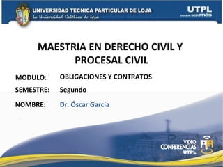 MAESTRIA EN DERECHO CIVIL Y
PROCESAL CIVIL
MODULO:

OBLIGACIONES Y CONTRATOS

SEMESTRE:

Segundo

NOMBRE:

Dr. Óscar García

 
