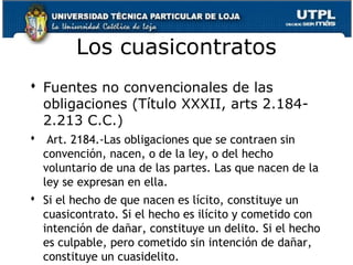 Los cuasicontratos
 Fuentes no convencionales de las
obligaciones (Título XXXII, arts 2.1842.213 C.C.)
 Art. 2184.-Las obligaciones que se contraen sin
convención, nacen, o de la ley, o del hecho
voluntario de una de las partes. Las que nacen de la
ley se expresan en ella.
 Si el hecho de que nacen es lícito, constituye un
cuasicontrato. Si el hecho es ilícito y cometido con
intención de dañar, constituye un delito. Si el hecho
es culpable, pero cometido sin intención de dañar, 142
constituye un cuasidelito.

 