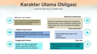 Karakter Utama Obligasi
Insert the title of your subtitle Here
.
Nilai pari (par value)
mencerminkan jumlah uang yang dipinjam
oleh prusahaan dan dijanjikan dilunasi ke
mbaali pada saat jatuh tempo.
Tingkat bunga kupon
Didapat dari ketika pembayaran kupon
tahunan biasanya disebutkan ,kemudian dibagi
nilai pari nya
Tanggal jatuh tempo
Obligasi memiliki tanggal jatuh
tempo yang telah ditentukan ,
dimana nilai pari harus dilunasi.
Ketentuan penebusan
Ketentuan penebusan biasanya menyatakan
bahwa emitenn harus membayar jumlah yang
lebih besar dari nilai pari kepada pemegang
obligasi ,
Dana pelunasan
Memfasilitasi pelunasan emisi
obligasi
secara teratur,
Fitur lain
Obligasi yanng dapat dikonversi , Obligasi
yang diterbitkan dengan waran, Obligasi
pendapatan
 
