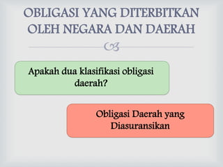 
OBLIGASI YANG DITERBITKAN
OLEH NEGARA DAN DAERAH
Apakah dua klasifikasi obligasi
daerah?
Obligasi Daerah yang
Diasuransikan
 