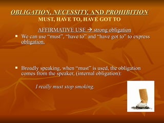 OBLIGATION, NECESSITY,  AND  PROHIBITION MUST, HAVE TO, HAVE GOT TO ,[object Object],[object Object],[object Object],[object Object]