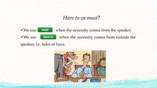 Have to or must?
We use when the necessity comes from the speaker.
We use when the necessity comes from outside the
speaker, i.e. rules or laws.
 