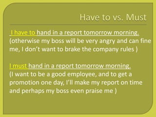 I have to hand in a report tomorrow morning.
(otherwise my boss will be very angry and can fine
me, I don’t want to brake the company rules )
I must hand in a report tomorrow morning.
(I want to be a good employee, and to get a
promotion one day, I’ll make my report on time
and perhaps my boss even praise me )
 