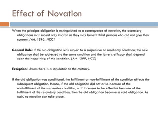 Effect of Novation
When the principal obligation is extinguished as a consequence of novation, the accessory
obligations may subsist only insofar as they may benefit third persons who did not give their
consent. [Art. 1296, NCC]
General Rule: If the old obligation was subject to a suspensive or resolutory condition, the new
obligation shall be subjected to the same condition and the latter’s efficacy shall depend
upon the happening of the condition. [Art. 1299, NCC]
Exception: Unless there is a stipulation to the contrary.
If the old obligation was conditional, the fulfillment or non-fulfillment of the condition affects the
subsequent obligation. Hence, if the old obligation did not arise because of the
nonfulfillment of the suspensive condition, or if it ceases to be effective because of the
fulfillment of the resolutory condition, then the old obligation becomes a void obligation. As
such, no novation can take place.
 