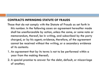 CONTRACTS INFRINGING STATUTE OF FRAUDS
Those that do not comply with the Statute of Frauds as set forth in
this number. In the following cases an agreement hereafter made
shall be unenforceable by action, unless the same, or some note or
memorandum, thereof, be in writing, and subscribed by the party
charged, or by his agent; evidence, therefore, of the agreement
cannot be received without the writing, or a secondary evidence
of its contents:
1. An agreement that by its terms is not to be performed within a
year from the making thereof;
2. A special promise to answer for the debt, default, or miscarriage
of another;
 