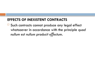 EFFECTS OF INEXISTENT CONTRACTS
 Such contracts cannot produce any legal effect
whatsoever in accordance with the principle quod
nullum est nullum producit e ectum
ﬀ .
 