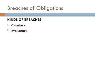 Breaches of Obligations
KINDS OF BREACHES
 Voluntary
 Involuntary
 