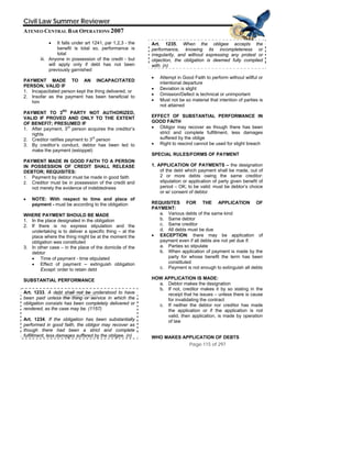 QuickTime™ and a
TIFF (Uncompressed) decompressor
are needed to see this picture.
Civil Law Summer Reviewer
ATENEO CENTRAL BAR OPERATIONS 2007
Page 115 of 297
• It falls under art 1241, par 1,2,3 - the
benefit is total so, performance is
total
iii. Anyone in possession of the credit - but
will apply only if debt has not been
previously garnished
PAYMENT MADE TO AN INCAPACITATED
PERSON, VALID IF
1. Incapacitated person kept the thing delivered, or
2. Insofar as the payment has been beneficial to
him
PAYMENT TO 3
RD
PARTY NOT AUTHORIZED,
VALID IF PROVED AND ONLY TO THE EXTENT
OF BENEFIT; PRESUMED IF
1. After payment, 3rd
person acquires the creditor’s
rights
2. Creditor ratifies payment to 3
rd
person
3. By creditor’s conduct, debtor has been led to
make the payment (estoppel)
PAYMENT MADE IN GOOD FAITH TO A PERSON
IN POSSESSION OF CREDIT SHALL RELEASE
DEBTOR; REQUISITES:
1. Payment by debtor must be made in good faith
2. Creditor must be in possession of the credit and
not merely the evidence of indebtedness
• NOTE: With respect to time and place of
payment - must be according to the obligation
WHERE PAYMENT SHOULD BE MADE
1. In the place designated in the obligation
2. If there is no express stipulation and the
undertaking is to deliver a specific thing – at the
place where the thing might be at the moment the
obligation was constituted
3. In other case – in the place of the domicile of the
debtor
• Time of payment - time stipulated
• Effect of payment – extinguish obligation
Except: order to retain debt
SUBSTANTIAL PERFORMANCE
Art. 1233. A debt shall not be understood to have
been paid unless the thing or service in which the
obligation consists has been completely delivered or
rendered, as the case may be. (1157)
Art. 1234. If the obligation has been substantially
performed in good faith, the obligor may recover as
though there had been a strict and complete
fulfillment, less damages suffered by the obligee. (n)
Art. 1235. When the obligee accepts the
performance, knowing its incompleteness or
irregularity, and without expressing any protest or
objection, the obligation is deemed fully complied
with. (n)
• Attempt in Good Faith to perform without willful or
intentional departure
• Deviation is slight
• Omission/Defect is technical or unimportant
• Must not be so material that intention of parties is
not attained
EFFECT OF SUBSTANTIAL PERFORMANCE IN
GOOD FAITH
• Obligor may recover as though there has been
strict and complete fulfillment, less damages
suffered by the oblige
• Right to rescind cannot be used for slight breach
SPECIAL RULES/FORMS OF PAYMENT
1. APPLICATION OF PAYMENTS – the designation
of the debt which payment shall be made, out of
2 or more debts owing the same creditor:
stipulation or application of party given benefit of
period – OK; to be valid: must be debtor’s choice
or w/ consent of debtor
REQUISITES FOR THE APPLICATION OF
PAYMENT:
a. Various debts of the same kind
b. Same debtor
c. Same creditor
d. All debts must be due
• EXCEPTION: there may be application of
payment even if all debts are not yet due if:
a. Parties so stipulate
b. When application of payment is made by the
party for whose benefit the term has been
constituted
c. Payment is not enough to extinguish all debts
HOW APPLICATION IS MADE:
a. Debtor makes the designation
b. If not, creditor makes it by so stating in the
receipt that he issues – unless there is cause
for invalidating the contract
c. If neither the debtor nor creditor has made
the application or if the application is not
valid, then application, is made by operation
of law
WHO MAKES APPLICATION OF DEBTS
 