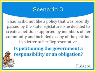 Shauna did not like a policy that was recently
passed by the state legislature. She decided to
create a petition supported by members of her
community and included a copy of the petition
in a letter to her Representative.
Is petitioning the government a
responsibility or an obligation?
Scenario 3
 
