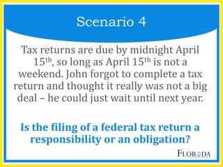 Tax returns are due by midnight April
15th, so long as April 15th is not a
weekend. John forgot to complete a tax
return and thought it really was not a big
deal – he could just wait until next year.
Is the filing of a federal tax return a
responsibility or an obligation?
Scenario 4
 