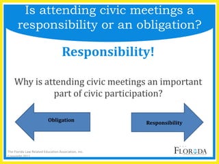Responsibility!
Why is attending civic meetings an important
part of civic participation?
Is attending civic meetings a
responsibility or an obligation?
Responsibility
Obligation
The Florida Law Related Education Association, Inc.
Copyright 2011
 