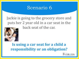 Jackie is going to the grocery store and
puts her 2 year old in a car seat in the
back seat of the car.
Is using a car seat for a child a
responsibility or an obligation?
Scenario 6
 