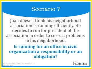 Juan doesn’t think his neighborhood
association is running efficiently. He
decides to run for president of the
association in order to correct problems
in his neighborhood.
Is running for an office in civic
organization a responsibility or an
obligation?
Scenario 7
The Florida Law Related Education Association, Inc.
Copyright 2011
 