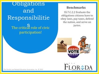 The Florida Law Related Education Association, Inc. © 2015
Benchmarks
SS.7.C.2.2 Evaluate the
obligations citizens have to
obey laws, pay taxes, defend
the nation, and serve on
juries.
Obligations
and
Responsibilitie
sThe critical role of civic
participation!
 