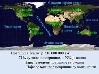 Површина Земље је 510 000 000 км²
71% су водене површине, а 29% је копно
Највеће водене површине су океани
Највеће копнене површине су континенти
Тихи океан
Тихи океан
Индијски
океан
Северни ледени океан
ЕвропаСеверна
Америка
Јужна
Америка Аустралија
Антарктик
Јужни океан
 